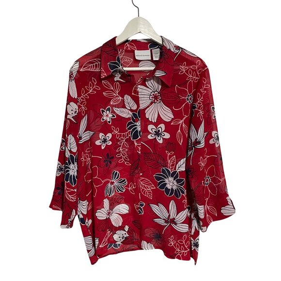 Alfred Dunner Womens Red Floral Button-Up Blouse Size 14 C-6-103-0 - Picture 1 of 6